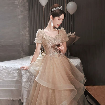 Puff-Sleeve Sequin Evening A-Line Flower Embroidered Ruffle Gown