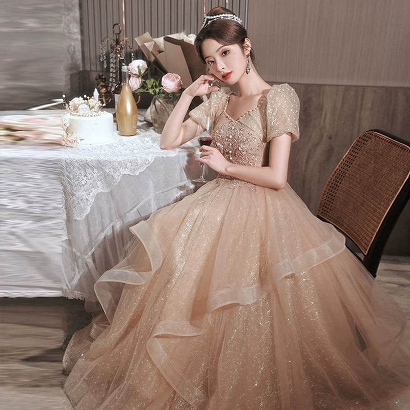 Puff-Sleeve Sequin Flower Embroidered Ruffle A-Line Evening Gown
