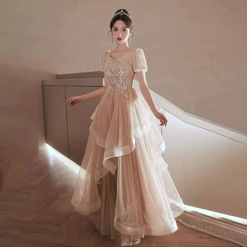 Puff-Sleeve Sequin Evening A-Line Flower Embroidered Ruffle Gown