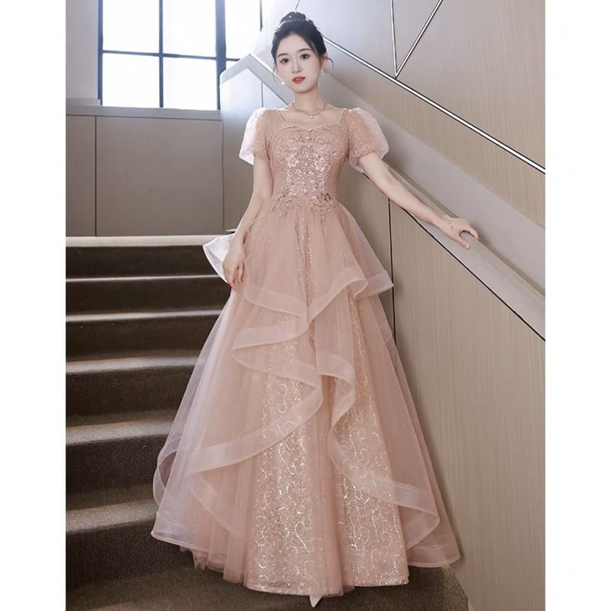 Puff-Sleeve Sequin Evening A-Line Flower Embroidered Ruffle Gown