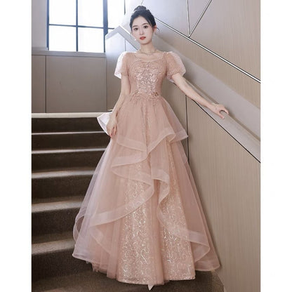 Puff-Sleeve Sequin Evening A-Line Flower Embroidered Ruffle Gown