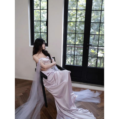 Off-Shoulder Plain Ruched Faux Pearl Trumpet Evening Gown