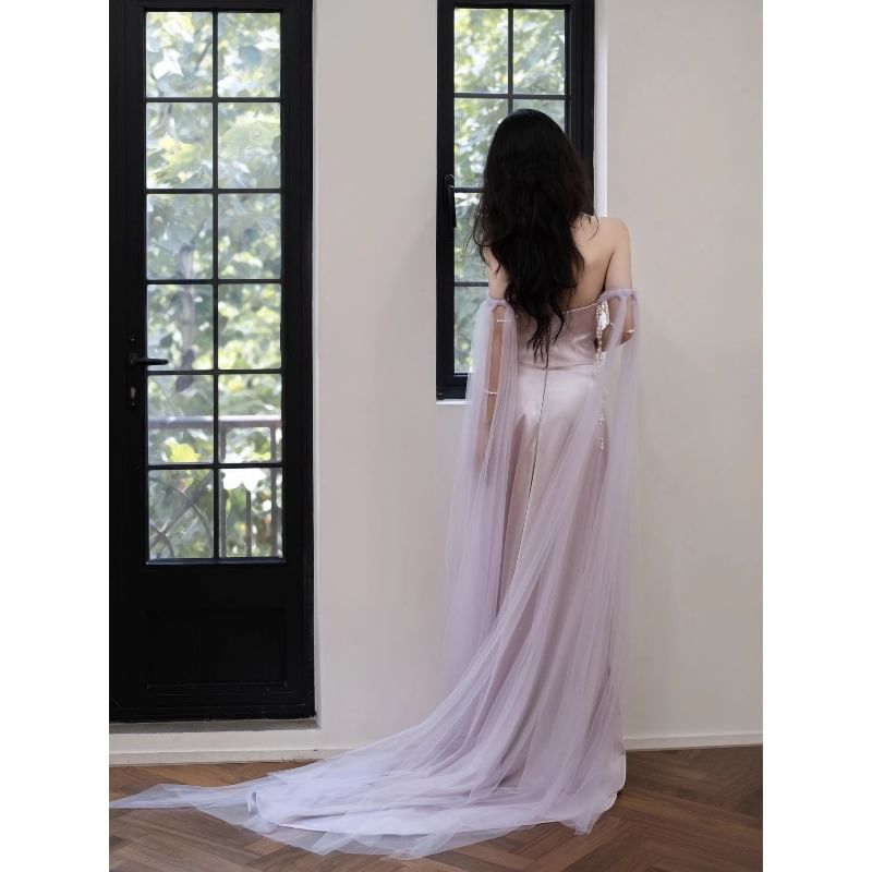 Off-Shoulder Plain Ruched Faux Pearl Trumpet Evening Gown