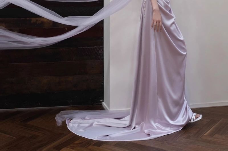 Off-Shoulder Plain Ruched Faux Pearl Trumpet Evening Gown