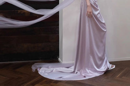 Off-Shoulder Plain Ruched Faux Pearl Trumpet Evening Gown