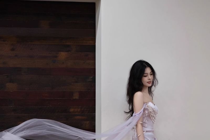 Off-Shoulder Plain Ruched Faux Pearl Trumpet Evening Gown