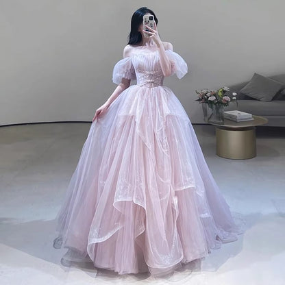 Puff-Sleeve Glitter Asymmetrical A-Line Evening Gown