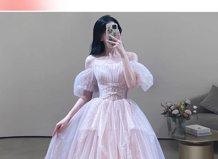 Puff-Sleeve Glitter Asymmetrical A-Line Evening Gown