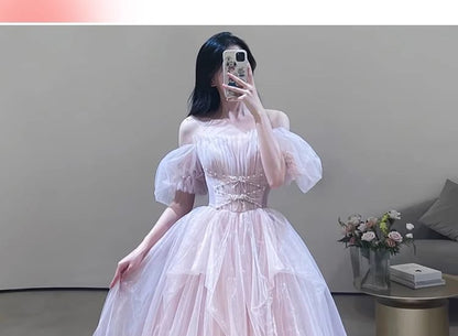 Puff-Sleeve Glitter Asymmetrical A-Line Evening Gown