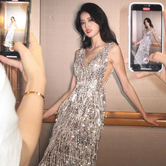 Spaghetti Strap Sequin Fringed Trim Sheath Evening Gown