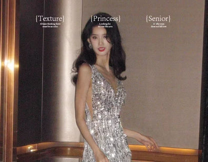 Spaghetti Strap Sequin Fringed Trim Sheath Evening Gown