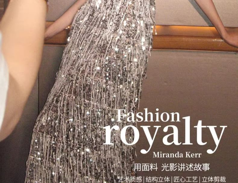 Spaghetti Strap Sequin Fringed Trim Sheath Evening Gown