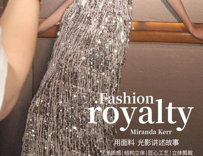 Spaghetti Strap Sequin Fringed Trim Sheath Evening Gown