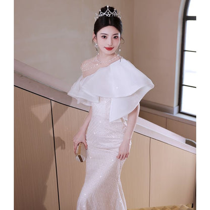 One-Shoulder Plaid Ruffle Mermaid Evening Gown