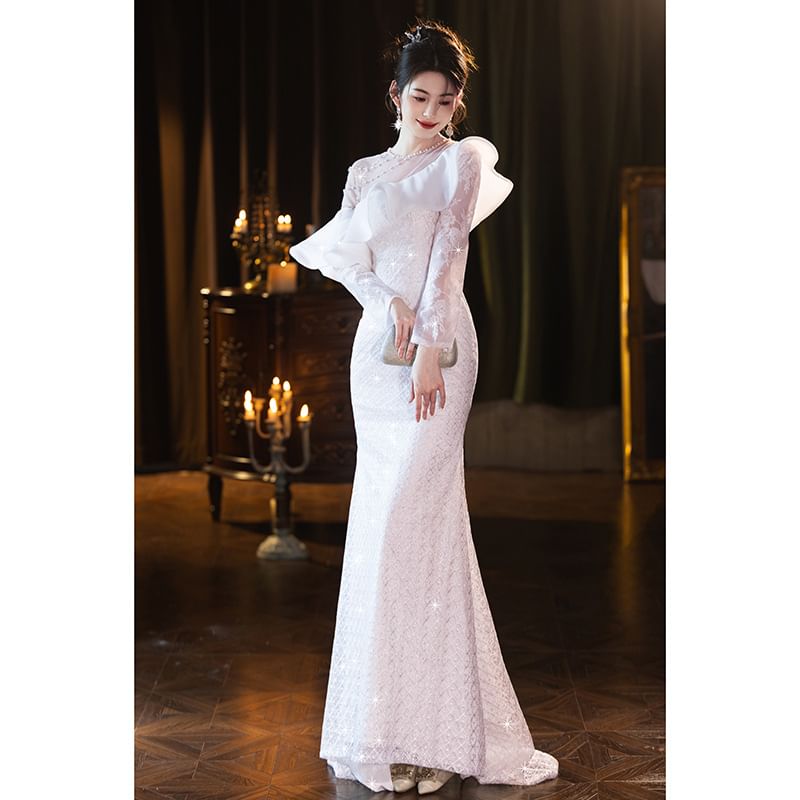 One-Shoulder Plaid Ruffle Mermaid Evening Gown