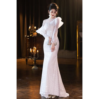 One-Shoulder Plaid Ruffle Mermaid Evening Gown