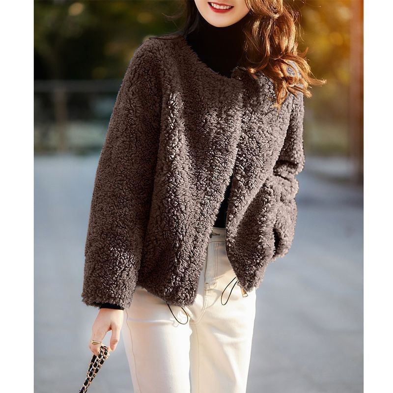 Round Neck Plain Teddy Jacket