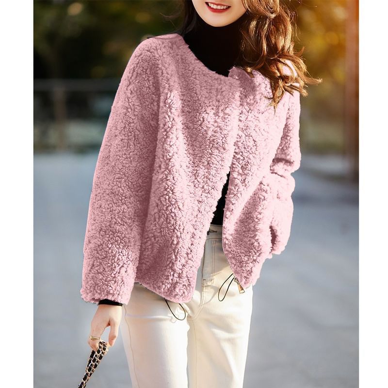 Round Neck Plain Teddy Jacket
