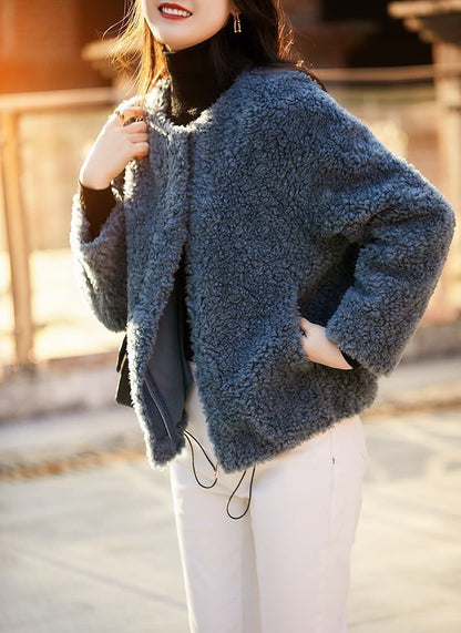 Round Neck Plain Teddy Jacket