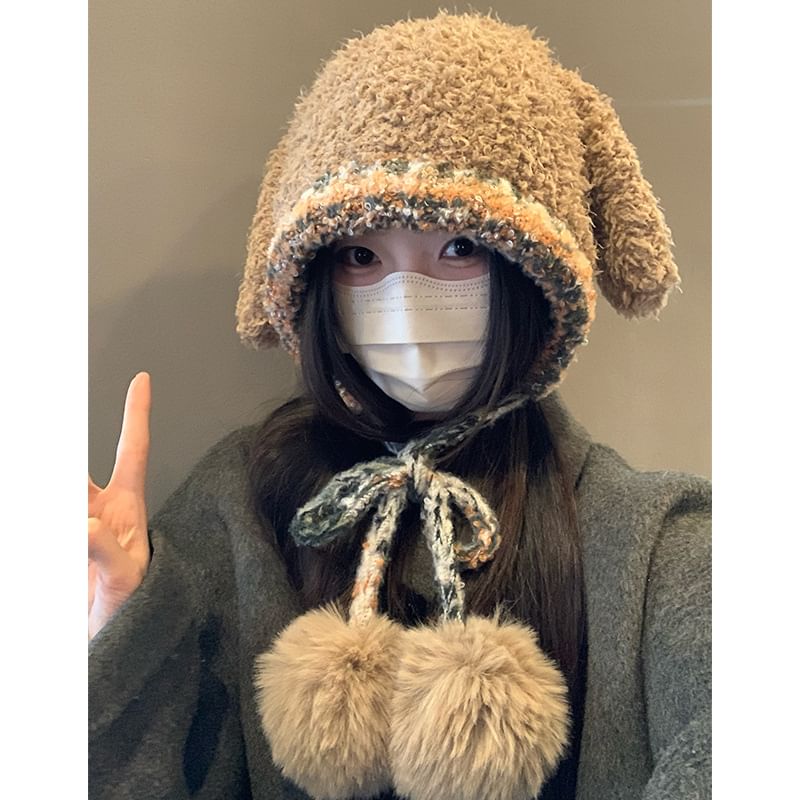 Rabbit Ear Pom Pom Panel Fluffy Knit Hat