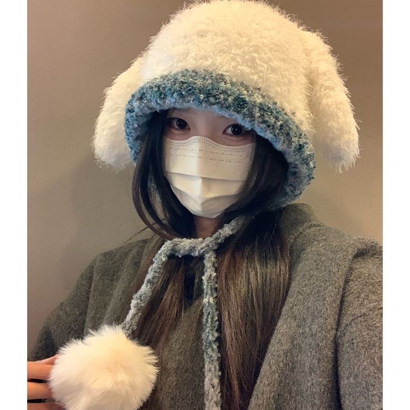 Rabbit Ear Pom Pom Panel Fluffy Knit Hat