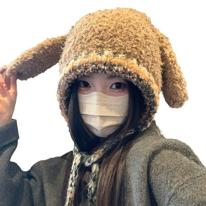 Rabbit Ear Pom Pom Panel Fluffy Knit Hat
