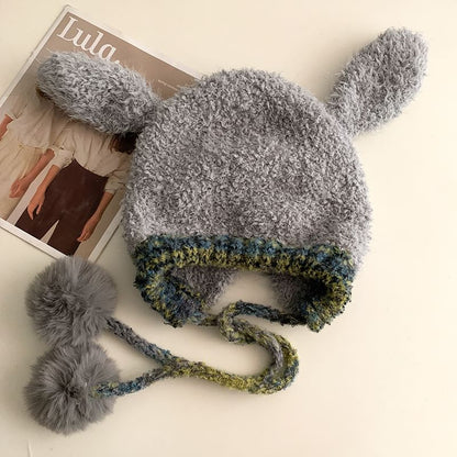 Rabbit Ear Pom Pom Panel Fluffy Knit Hat