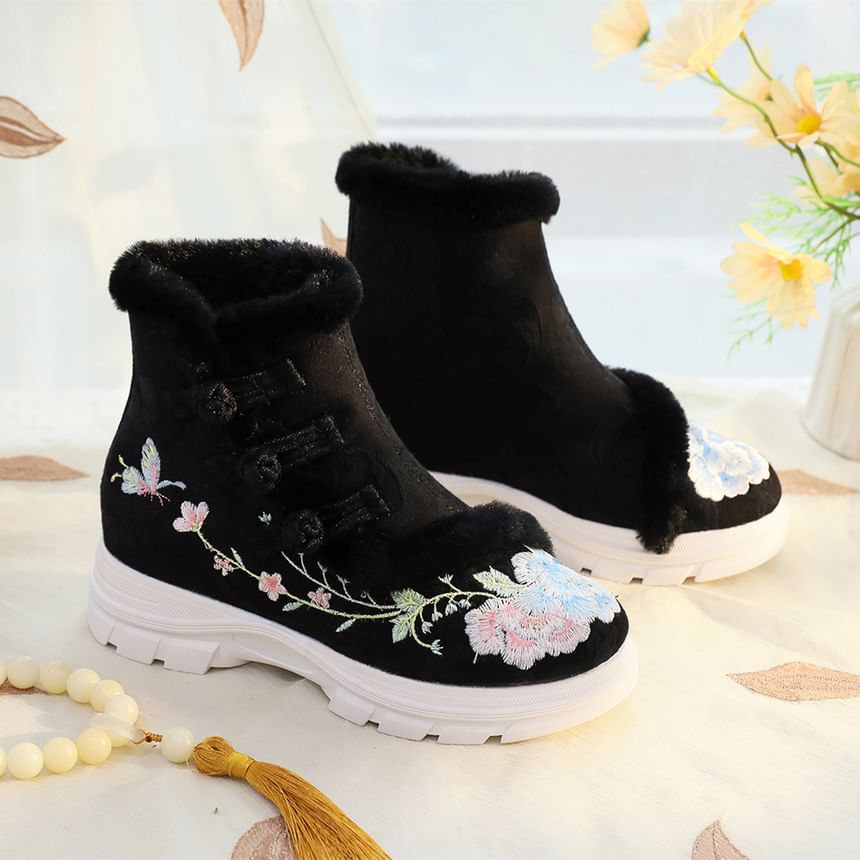 Boots Short Embroidery Trim Furry Floral Lace-Up