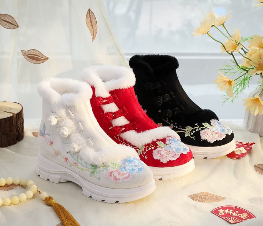 Boots Short Embroidery Trim Furry Floral Lace-Up