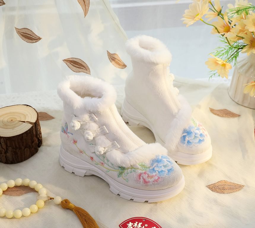 Boots Short Embroidery Trim Furry Floral Lace-Up