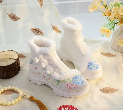 Boots Short Embroidery Trim Furry Floral Lace-Up