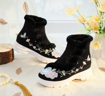 Boots Short Embroidery Trim Furry Floral Lace-Up