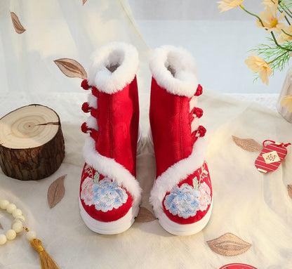 Boots Short Embroidery Trim Furry Floral Lace-Up