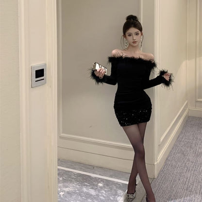 Long-Sleeve Off-Shoulder Plain Sequin Fluffy Trim Mini Sheath Dress