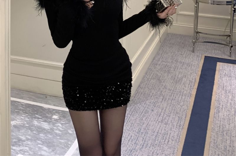 Long-Sleeve Off-Shoulder Plain Sequin Fluffy Trim Mini Sheath Dress