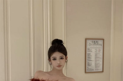 Long-Sleeve Off-Shoulder Plain Sequin Fluffy Trim Mini Sheath Dress