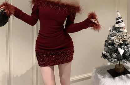 Long-Sleeve Off-Shoulder Plain Sequin Fluffy Trim Mini Sheath Dress
