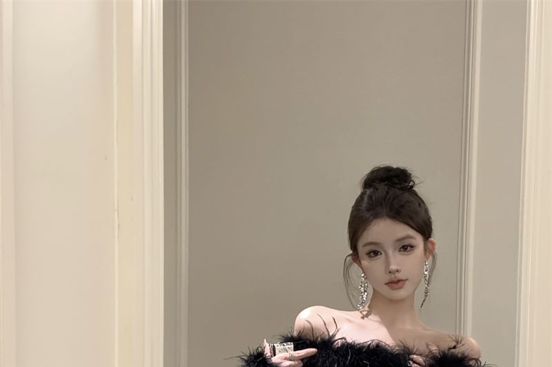 Long-Sleeve Off-Shoulder Plain Sequin Fluffy Trim Mini Sheath Dress