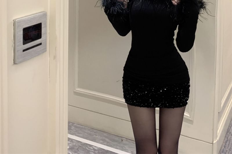 Long-Sleeve Off-Shoulder Plain Sequin Fluffy Trim Mini Sheath Dress