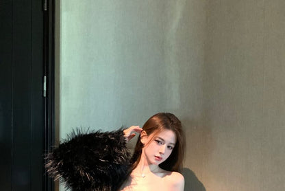 Sequin Faux Leather Panel Mini Bodycon Tube Dress / Plain Fluffy Jacket