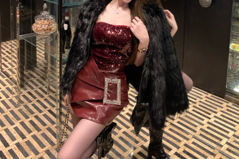 Sequin Faux Leather Panel Mini Bodycon Tube Dress / Plain Fluffy Jacket