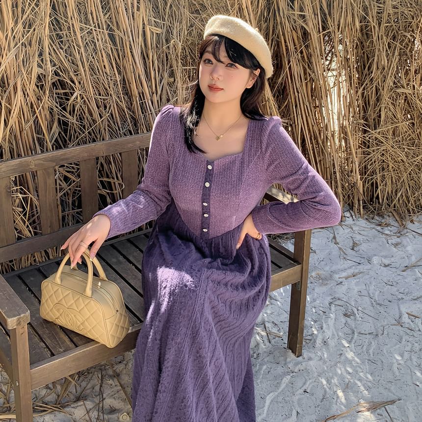 Plus Size Long Sleeve Square Neck Two Tone Knit Midi A-Line Dress