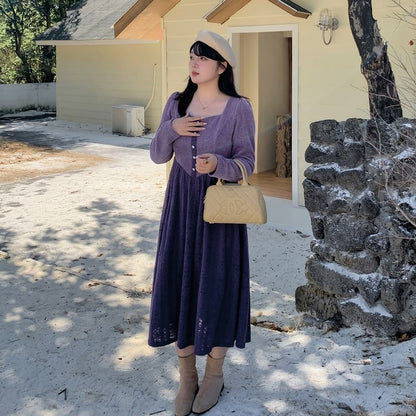 Plus Size Long Sleeve Square Neck Two Tone Knit Midi A-Line Dress