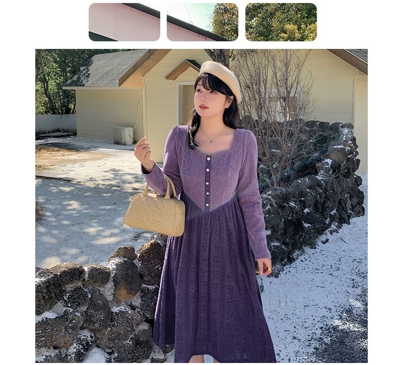 Plus Size Long Sleeve Square Neck Two Tone Knit Midi A-Line Dress