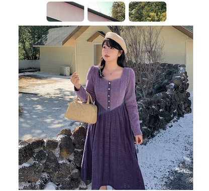 Plus Size Long Sleeve Square Neck Two Tone Knit Midi A-Line Dress