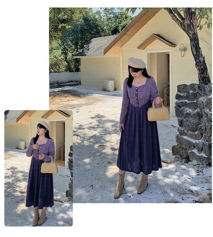 Plus Size Long Sleeve Square Neck Two Tone Knit Midi A-Line Dress