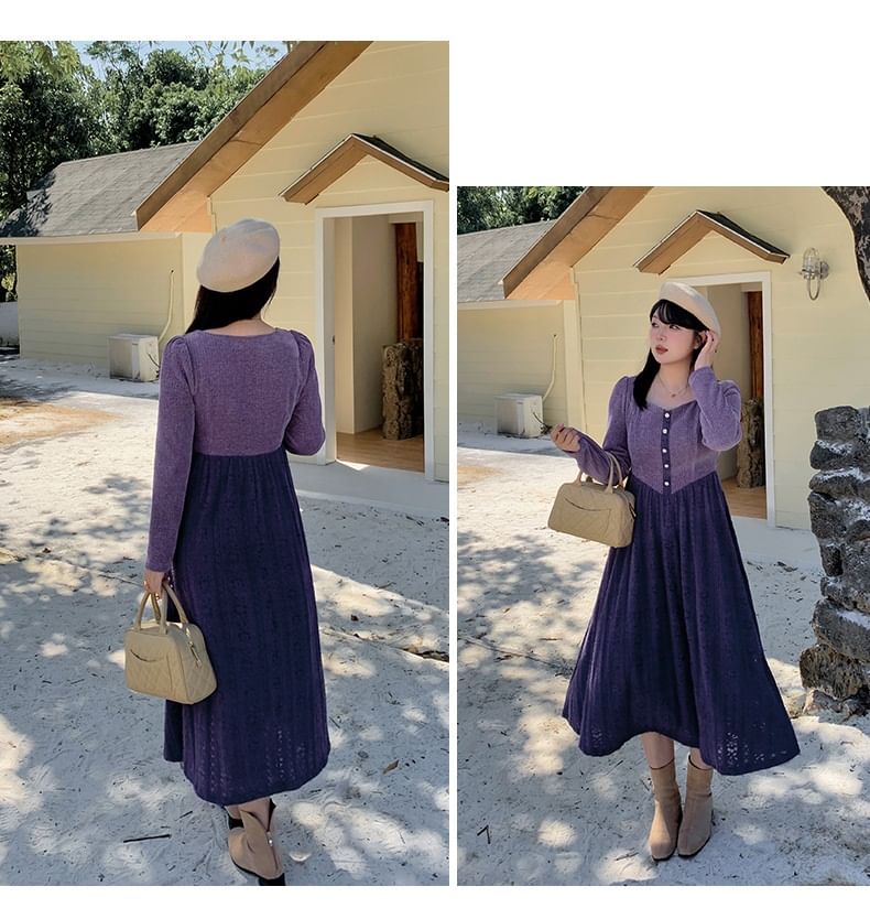 Plus Size Long Sleeve Square Neck Two Tone Knit Midi A-Line Dress