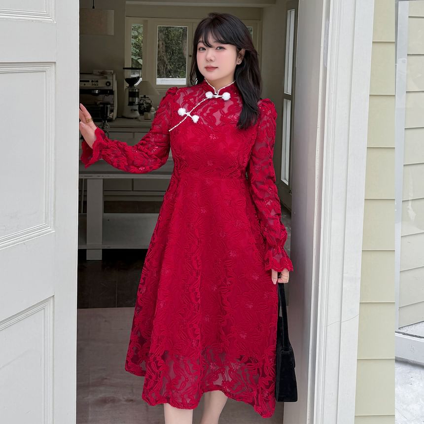 Plus Size Long Sleeve Mandarin Collar Floral Lace A-Line Midi Dress