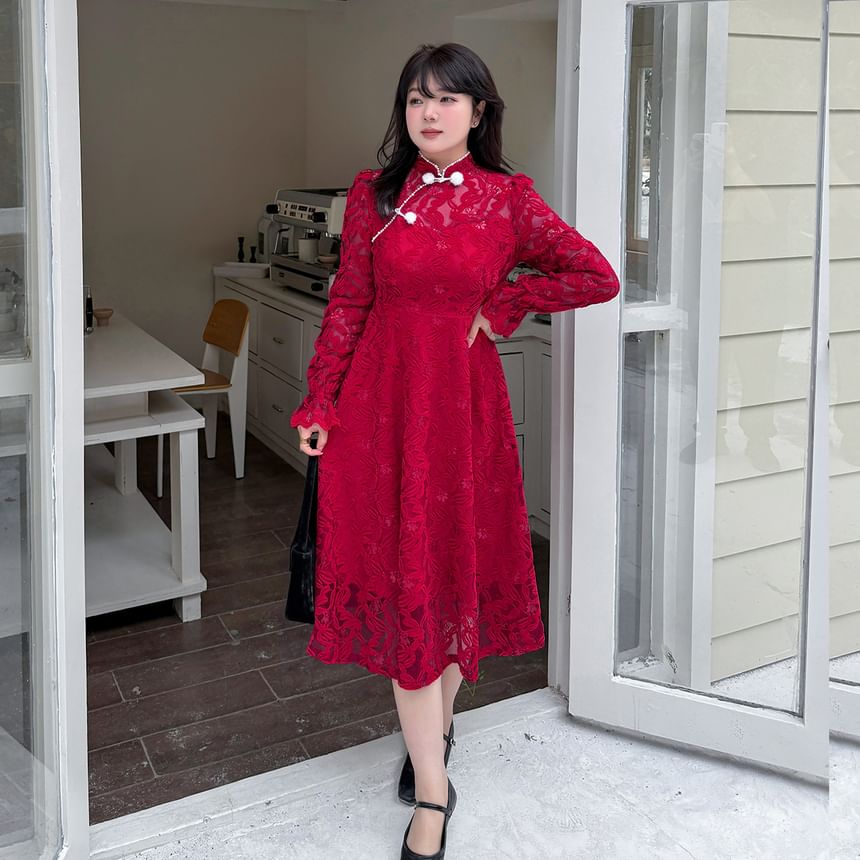 Plus Size Long Sleeve Mandarin Collar Floral Lace A-Line Midi Dress
