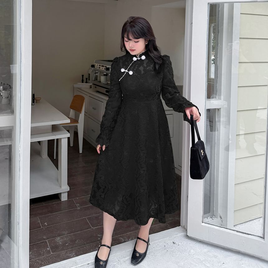 Plus Size Long Sleeve Mandarin Collar Floral Lace A-Line Midi Dress